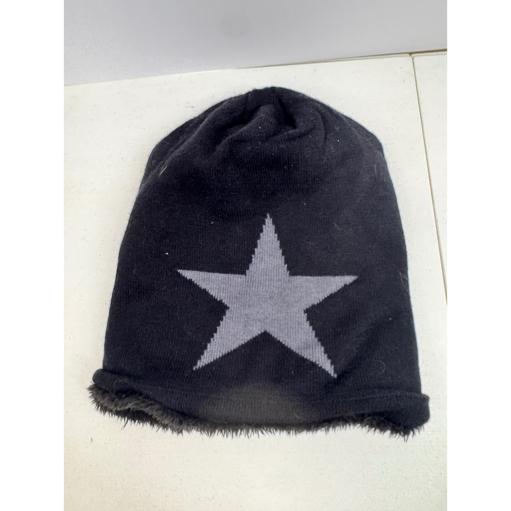 Black Star Slouchy Beanie Faux Fur Fleece Lined Knit Winter Hat Streetwear Y2K